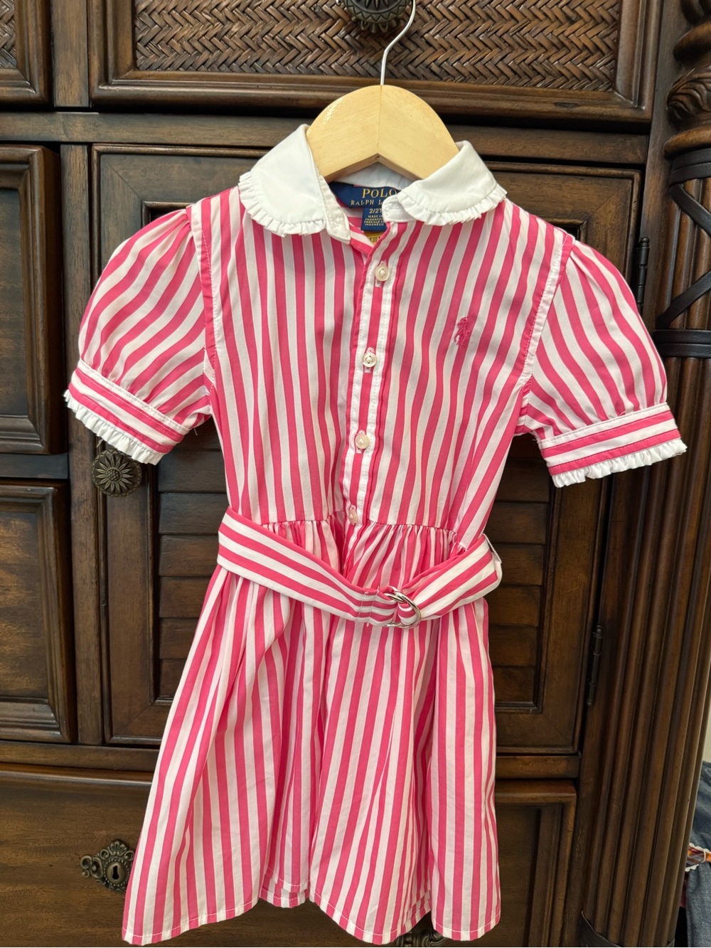 Polo by Ralph Lauren Pink and White Striped Belted Casual Dress
